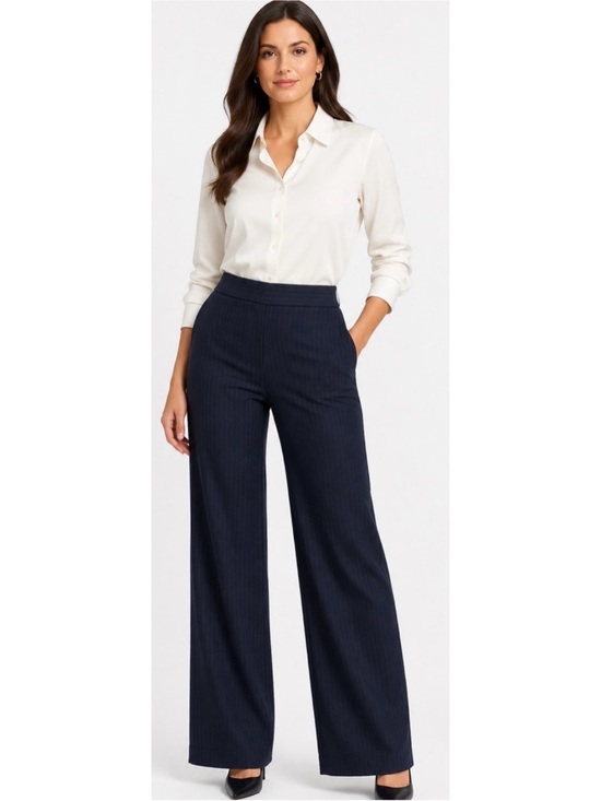 SPANX Pants - Spanx Supersmooth PerfectFit Navy Blue pinstripe Ponte Wide Leg Pants Medium